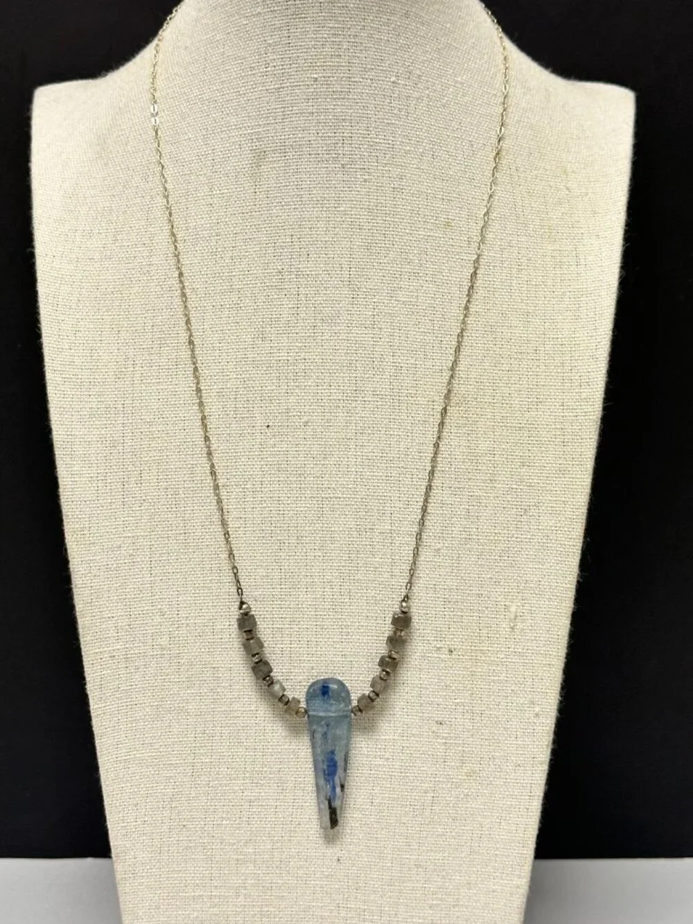 Kyanite Pendant Necklace Sterling Silver Blue Stone Beaded Chain Artisan
